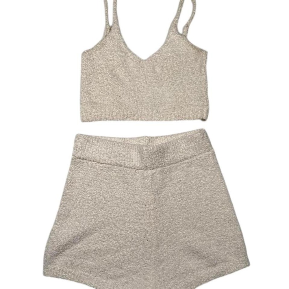 White Furry Knit Stretch Sleep Crop Top & Shorts Set Lounge Wear Cozy Casual XS